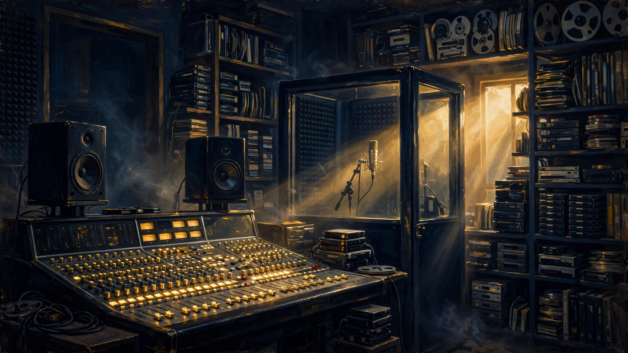 Illustrated recording studio scene representing King Von's vault of unreleased music