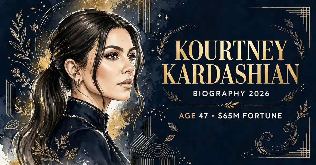 Kourtney Kardashian biography 2026 — illustrated portrait with age 47 and $65M fortune estimate