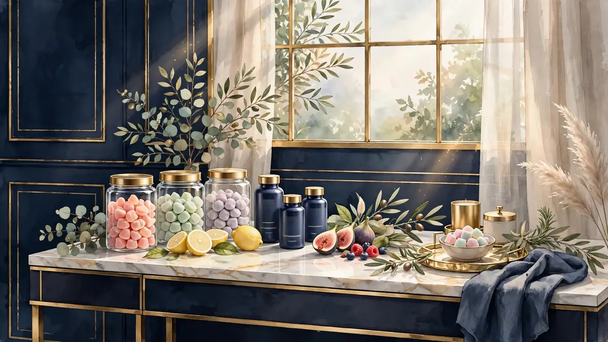 Illustrated wellness vanity scene with gummy vitamin jars, evoking Kourtney Kardashian's Lemme supplement brand