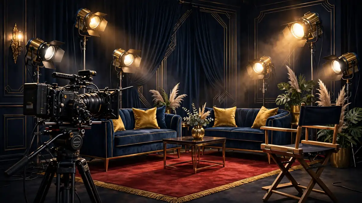 Illustrated reality-TV studio set with cameras and lights, evoking Kourtney Kardashian's television career