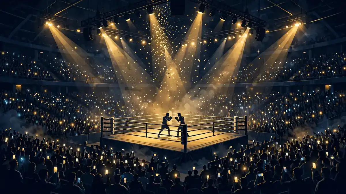 Illustrated influencer boxing arena with a lit ring, spotlights, confetti and a crowd of glowing phone screens, representing KSI's boxing career
