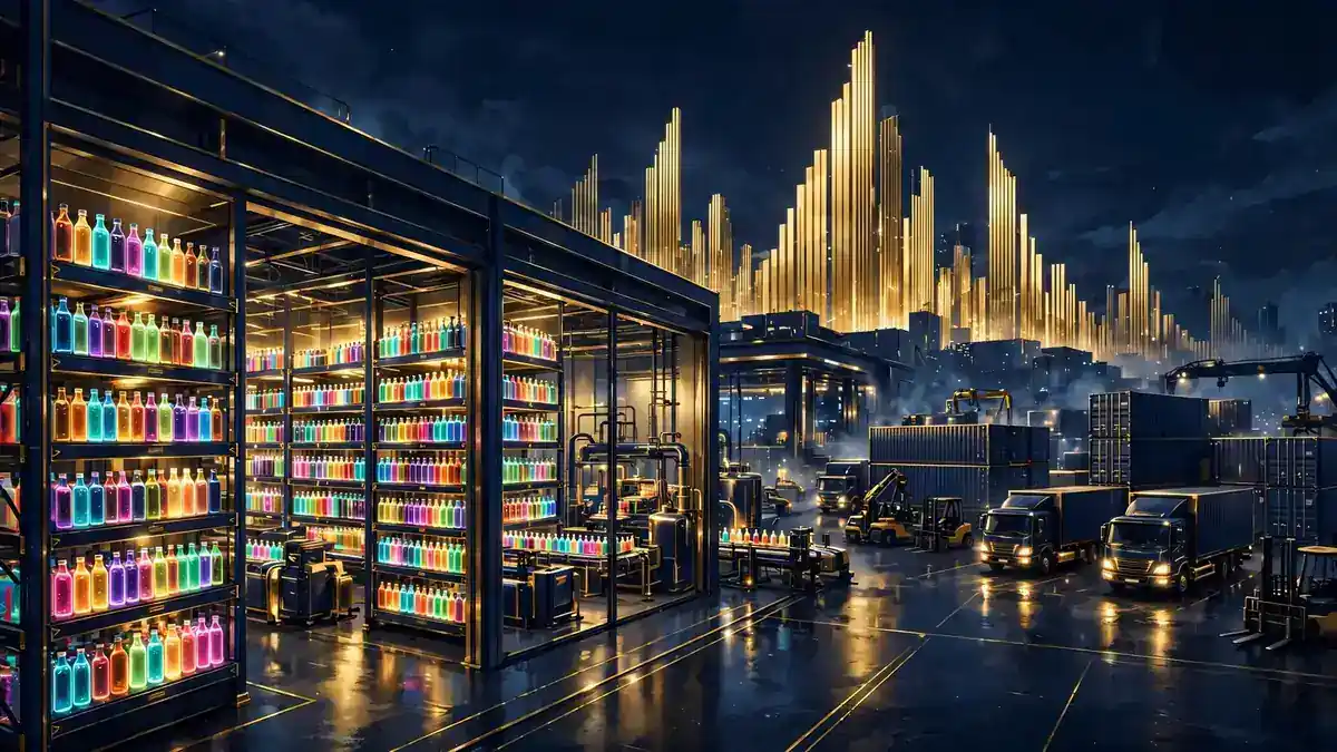 Illustrated nighttime scene of a glowing energy-drink production and logistics empire in navy and gold, representing KSI's Prime Hydration business