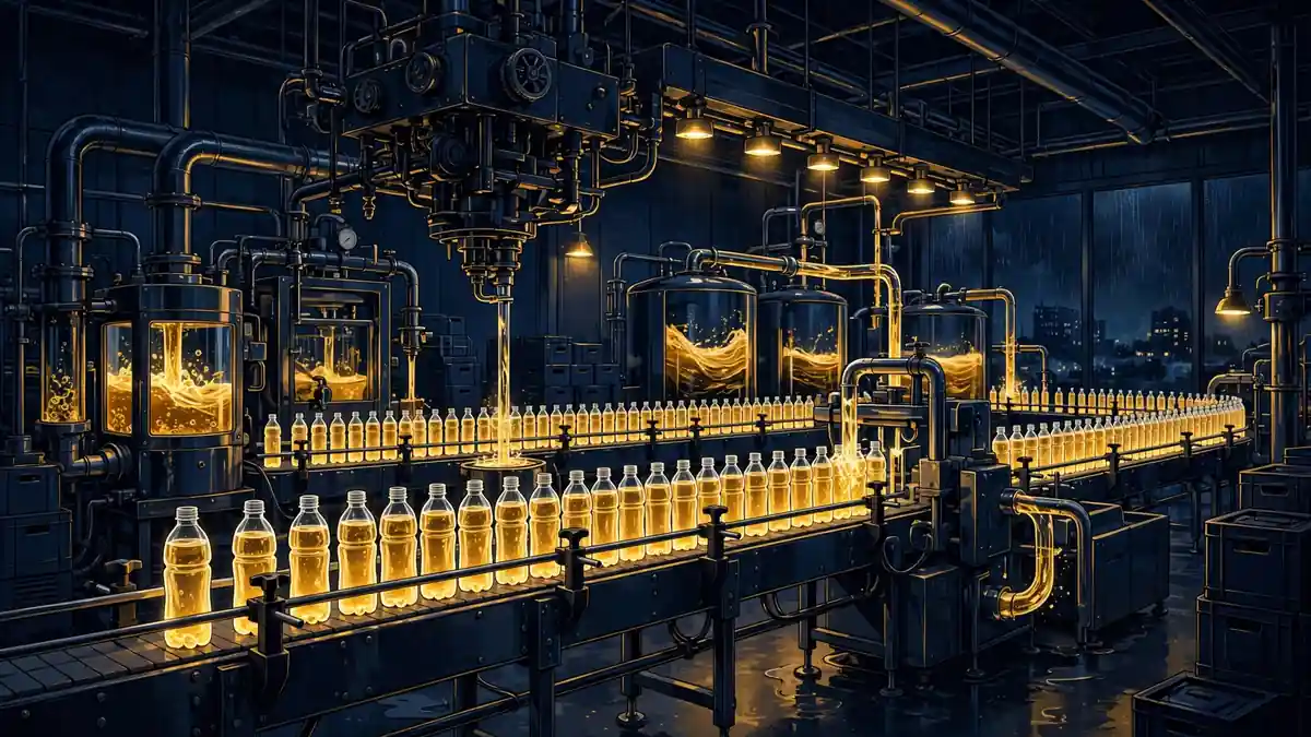 Illustrated sports-drink bottling factory at night, representing KSI's Prime Hydration business