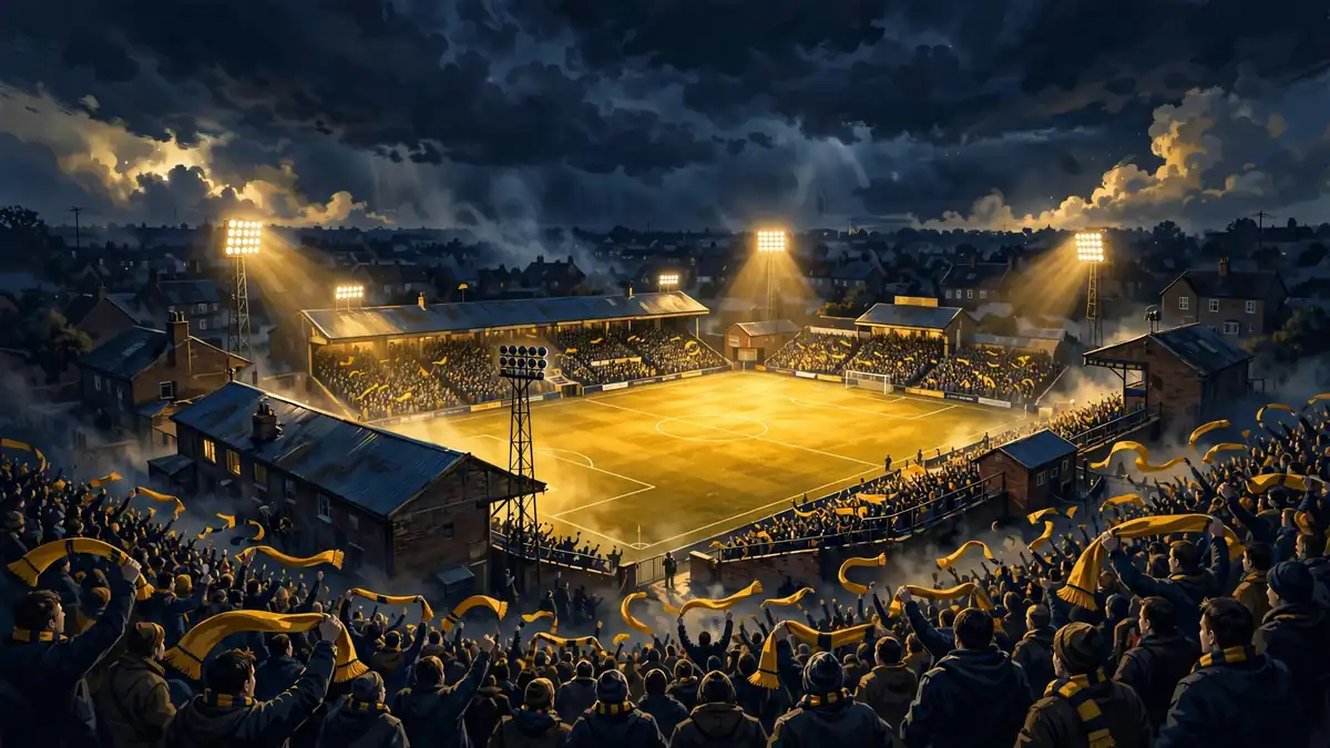Illustrated English football stadium at night under floodlights, representing KSI's Dagenham and Redbridge investment
