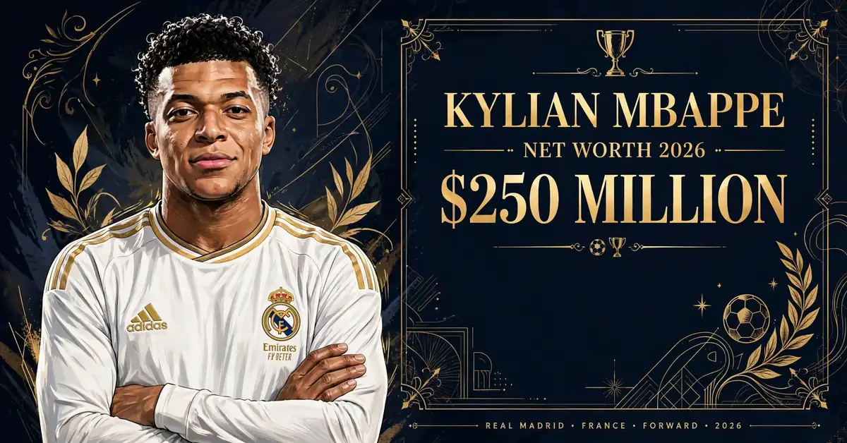 Kylian Mbappe net worth 2026 — estimated $200 to $300 million fortune infographic