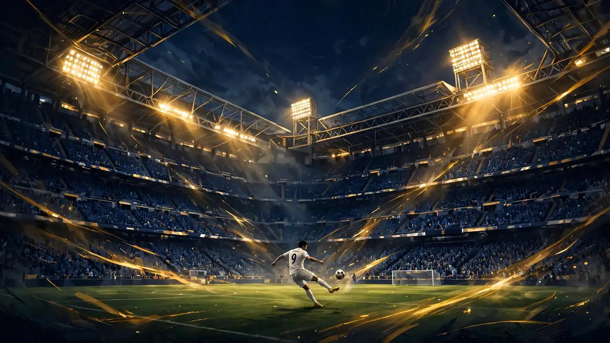 Illustrated night scene of the Santiago Bernabéu stadium with a forward in white striking a ball, evoking Kylian Mbappé's Real Madrid chapter
