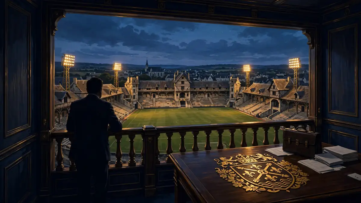 Illustrated dusk view of a historic French football stadium seen from a directors' box with business documents, evoking Mbappé's SM Caen club ownership
