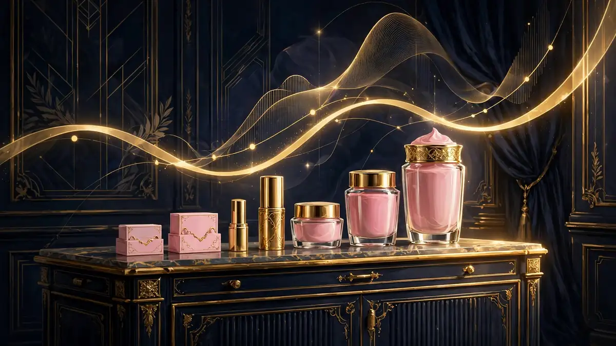 Illustrated scene of a growing beauty empire — pink lip kits and gold cosmetics ascending like a growth chart