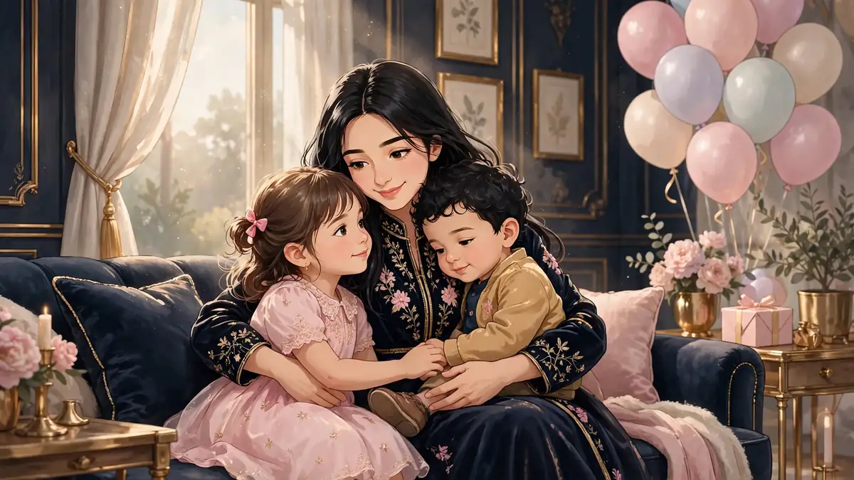 Illustrated scene of Kylie Jenner as a mother with her two young children, Stormi and Aire, in an elegant living room with birthday balloons