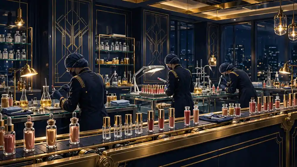 Illustrated cosmetics laboratory and lip-product production line in navy and gold, representing the Kylie Cosmetics business Kylie Jenner built