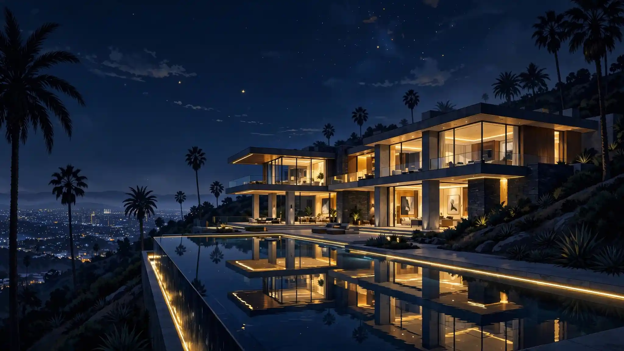 Illustrated ultra-luxury Los Angeles hillside mansion at night in navy and gold, representing Kylie Jenner's real estate portfolio