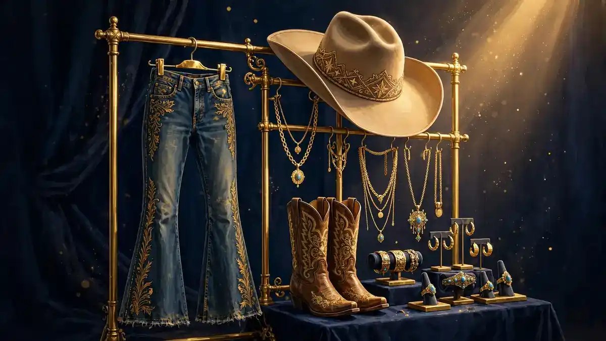 Western fashion and jewelry display illustrating Lainey Wilson's Wrangler partnership and Bell Bottom Country brand empire