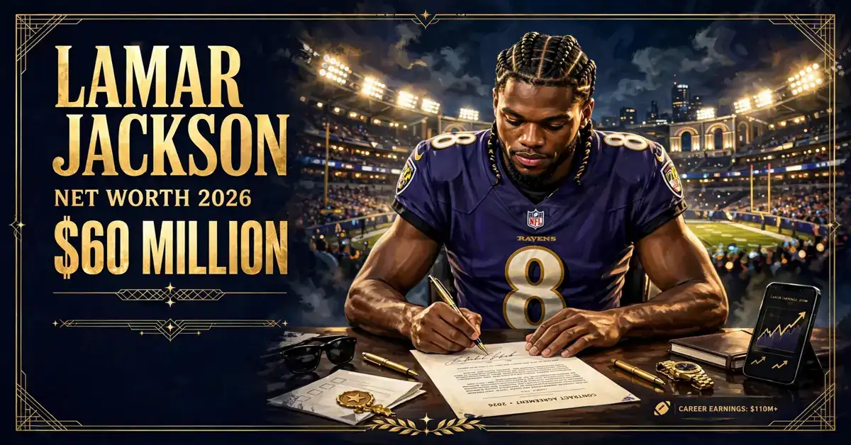 Lamar Jackson net worth 2026 — estimated $40 to $100 million fortune infographic