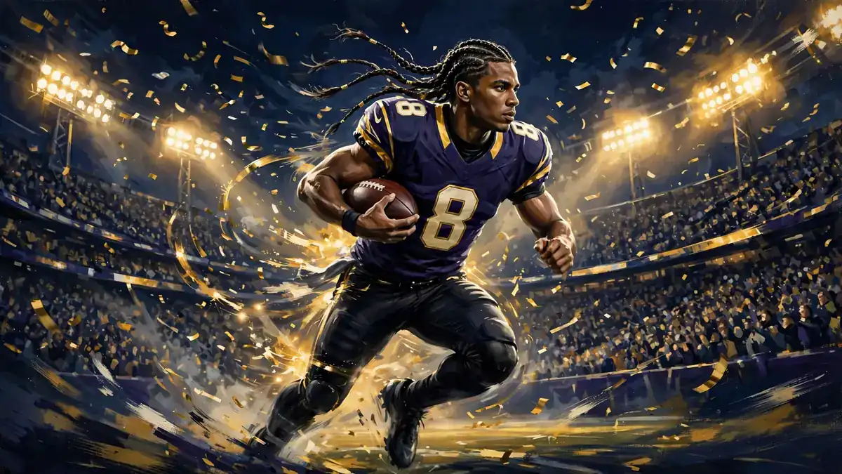 Illustrated night-stadium scene of a number-8 quarterback sprinting with the football, in navy and gold