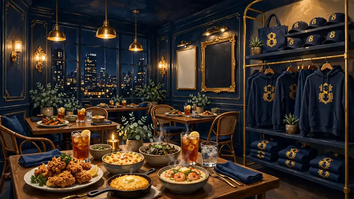 Illustrated night view of a soul-food restaurant dining room with an Era 8 apparel boutique corner, in navy and gold