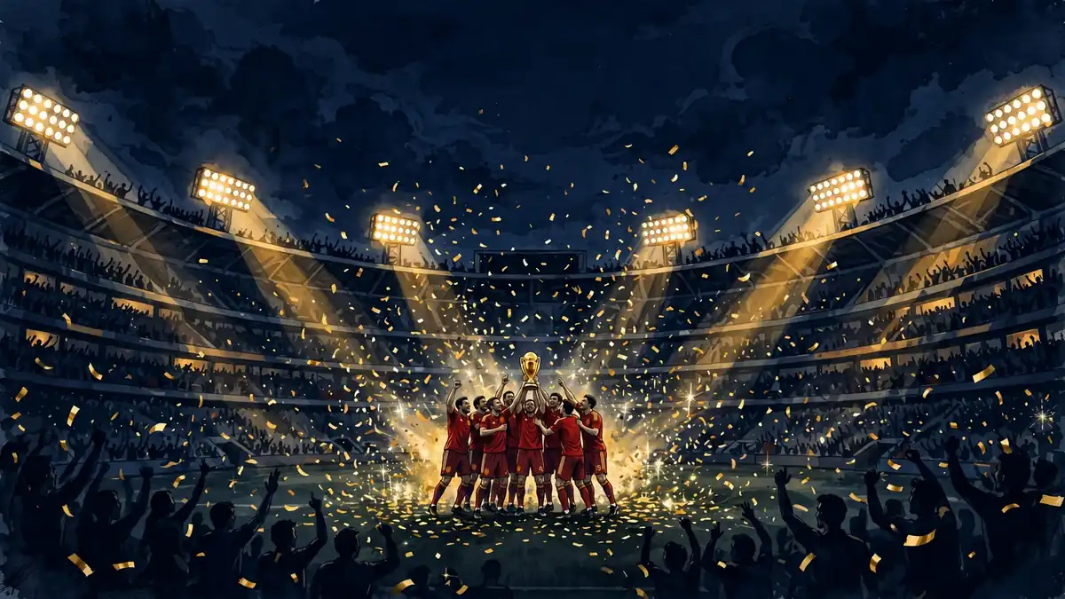 Illustration of a young left-footed winger striking a curling long-range shot in a packed European stadium at night