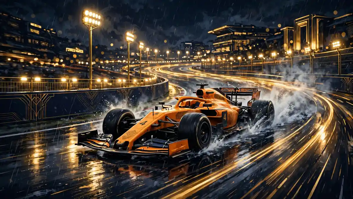 Night-time Formula 1 circuit with a papaya-orange McLaren racing under golden floodlights