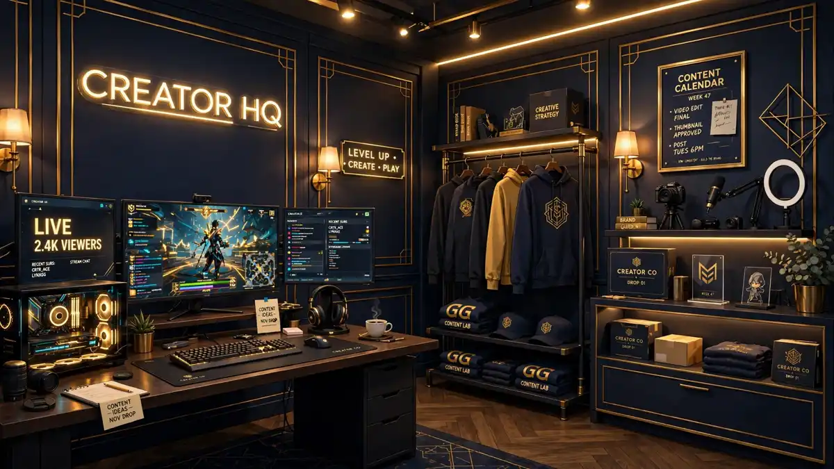 Gaming and creator studio headquarters with esports setups and apparel racks in navy and gold