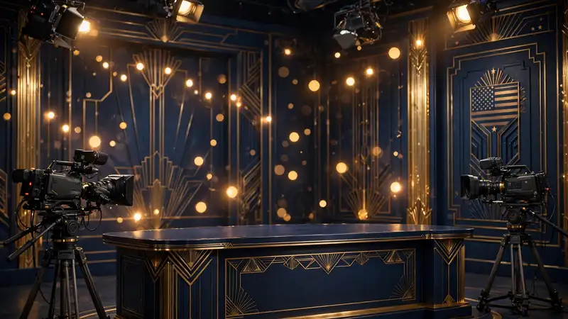 Illustrated cable news studio set in navy and gold, evoking the primetime desk behind The Ingraham Angle