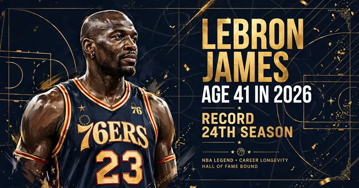 LeBron James age 2026 — 41 years old, record 24th NBA season, illustrated infographic