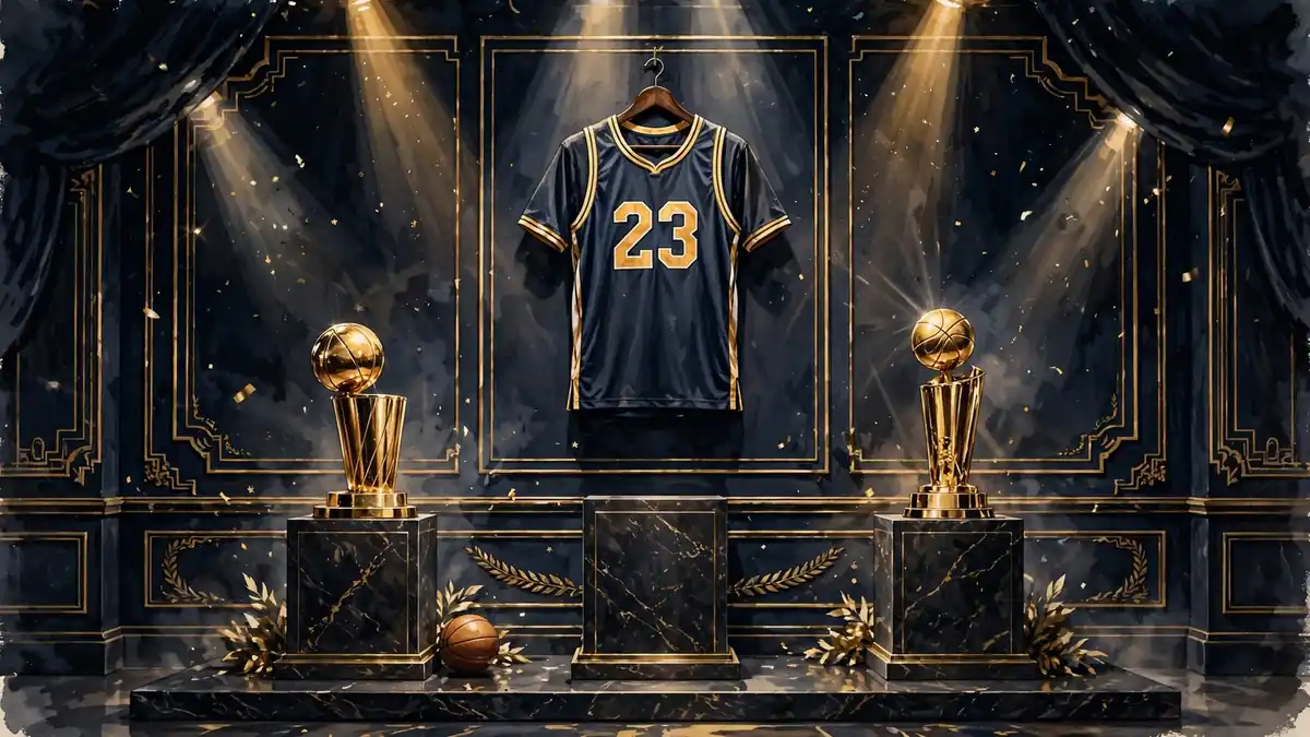 Illustrated display of championship trophies and a No. 23 jersey honoring LeBron James's record-setting career