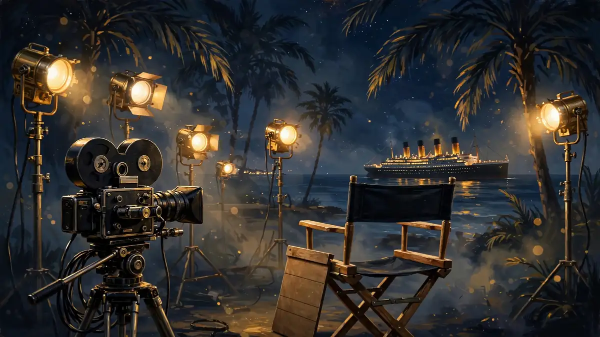 Illustrated 1990s Hollywood film set at night with a vintage camera, director's chair, and ocean liner on the horizon, evoking DiCaprio's Titanic-era stardom