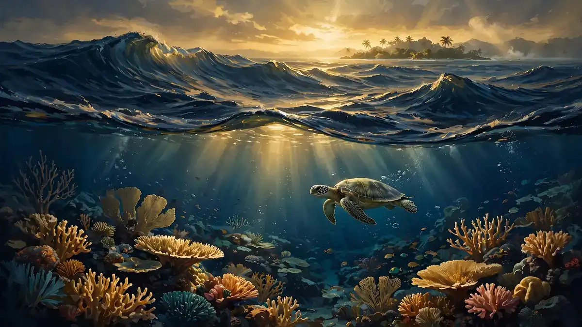 Illustrated ocean conservation scene with a sea turtle, coral reef, and tropical island at golden hour, evoking DiCaprio's climate philanthropy