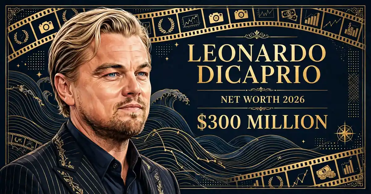 Leonardo DiCaprio net worth 2026 — estimated $300 to $350 million fortune infographic