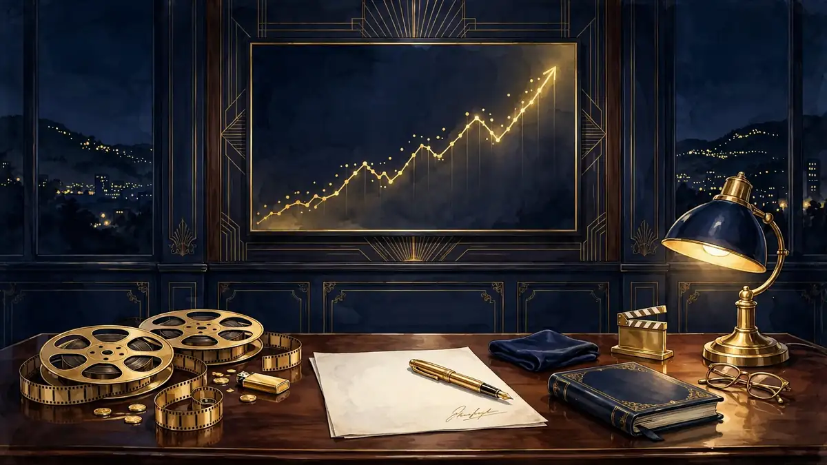 Illustrated night scene of a Hollywood film studio contract negotiation with film reels and a rising box-office chart