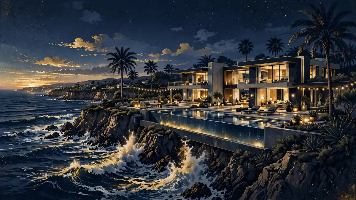 Illustrated Malibu oceanfront mansion at dusk with an infinity pool overlooking the ocean