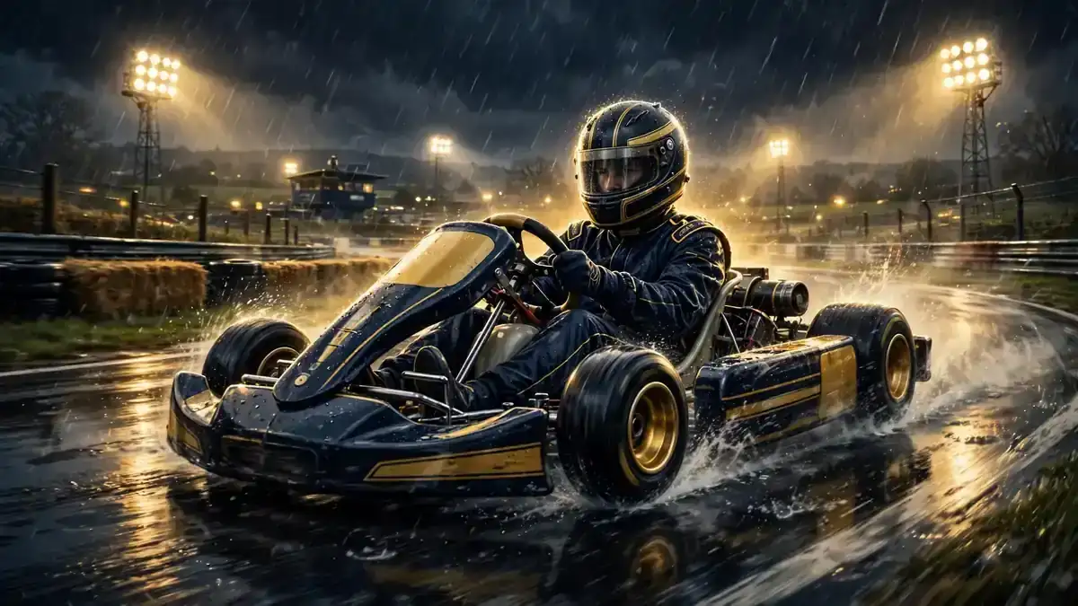 Illustration of a young go-kart racer on a wet English karting track in the 1990s, evoking Lewis Hamilton's karting years