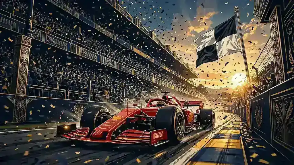 Illustration of a red Ferrari Formula 1 car taking the chequered flag at the 2026 Barcelona Grand Prix