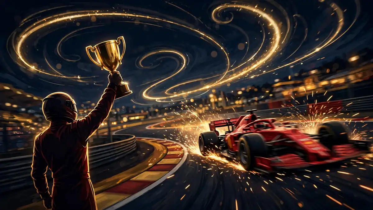 Illustrated night scene of a red Formula 1 car on circuit with a driver holding a trophy, representing Lewis Hamilton's Ferrari era