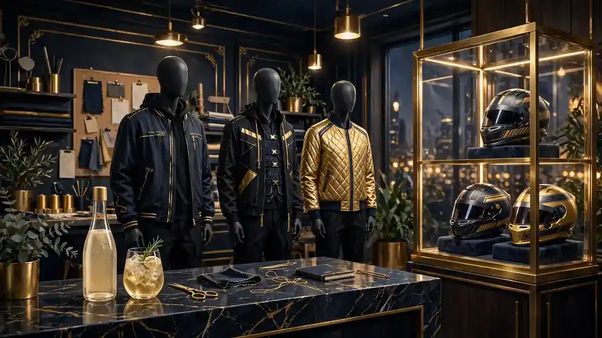 Illustrated luxury studio scene with fashion mannequins, a premium beverage bottle, and racing helmets in a trophy case, representing Hamilton's fashion and business ventures