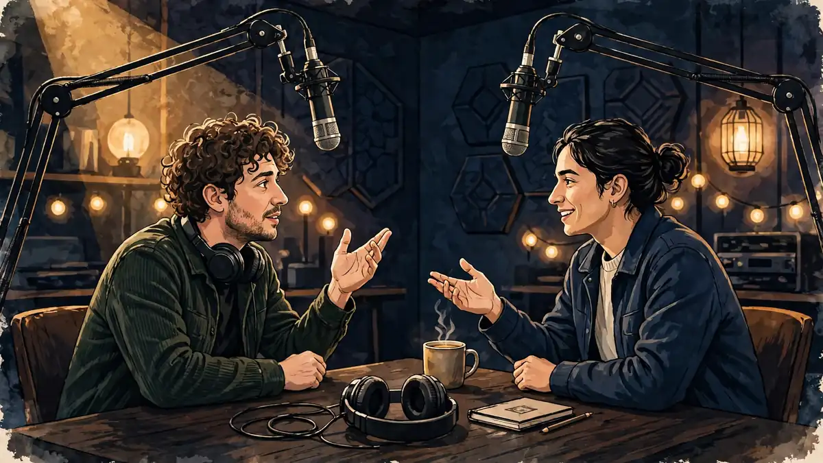 Illustrated long-form podcast studio conversation with two microphones and warm studio lighting