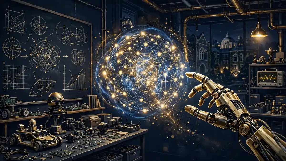 Illustrated MIT artificial intelligence research lab with a robot hand and a glowing neural network