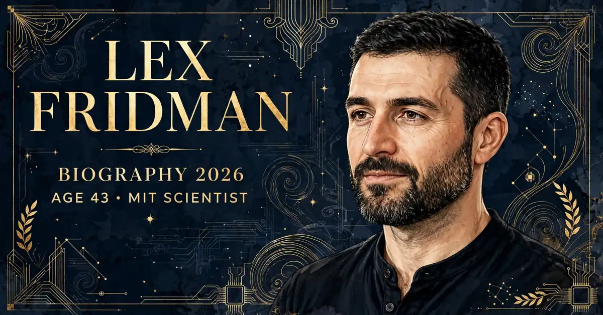 Lex Fridman biography 2026 — stylized illustrated portrait of Lex Fridman, LEX FRIDMAN BIOGRAPHY 2026 AGE 43 MIT SCIENTIST text