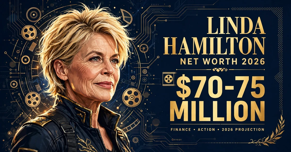 Linda Hamilton net worth 2026 — estimated $70 to $75 million fortune infographic