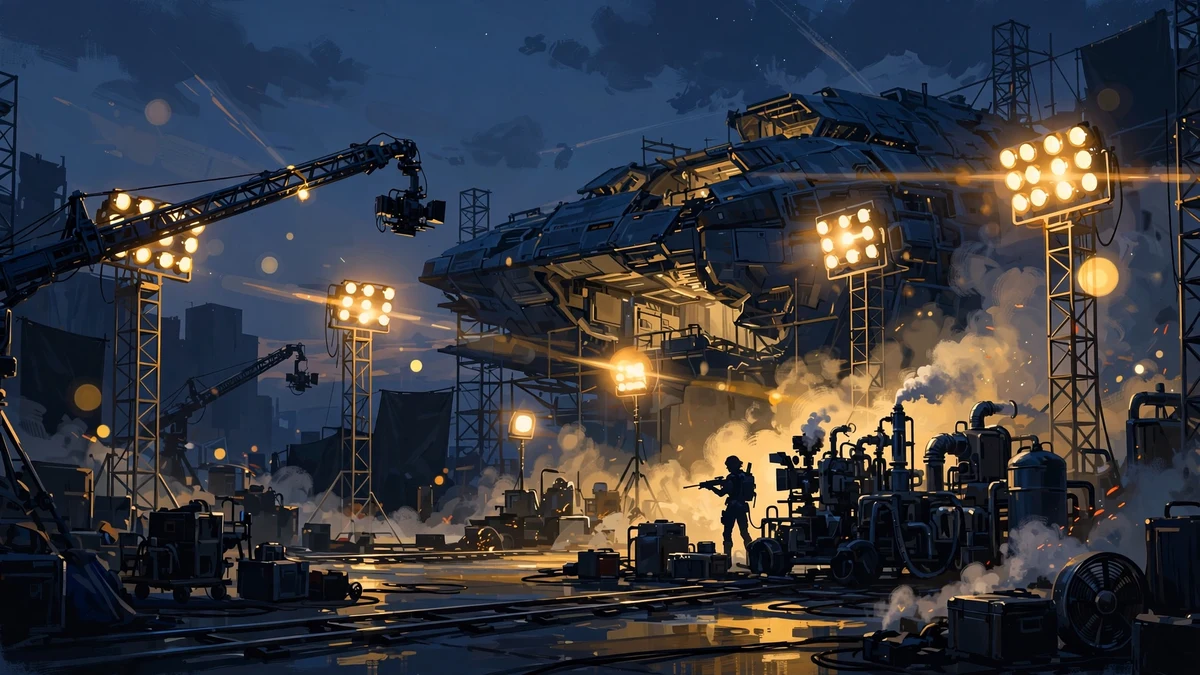 Illustrated futuristic action-film set at dusk in navy and gold, with cameras, lighting rigs and a lone heroine silhouette, representing Linda Hamilton's Terminator-era career