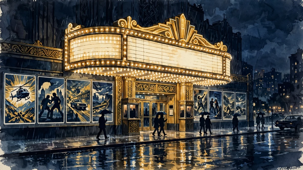 Illustrated 1980s cinema marquee glowing at night in navy and gold, with a retro movie poster wall, representing Linda Hamilton's breakout decade