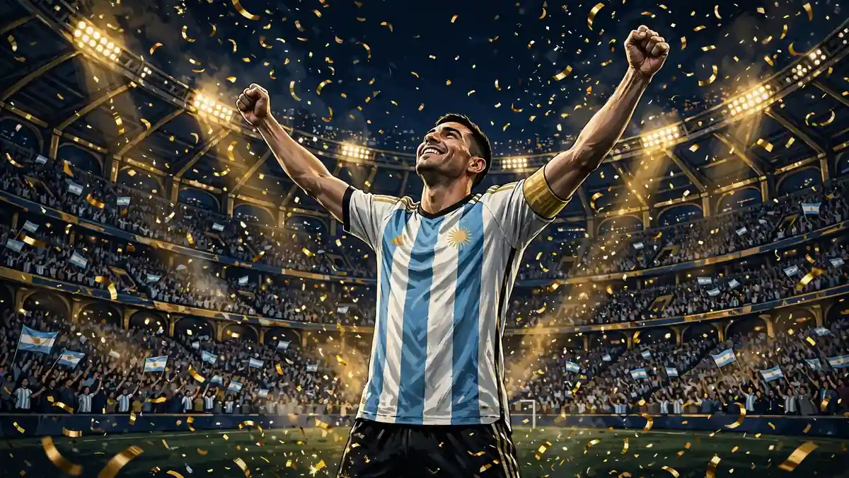 Illustrated footballer in an Argentina sky-blue-and-white striped jersey celebrating in a packed stadium under golden confetti