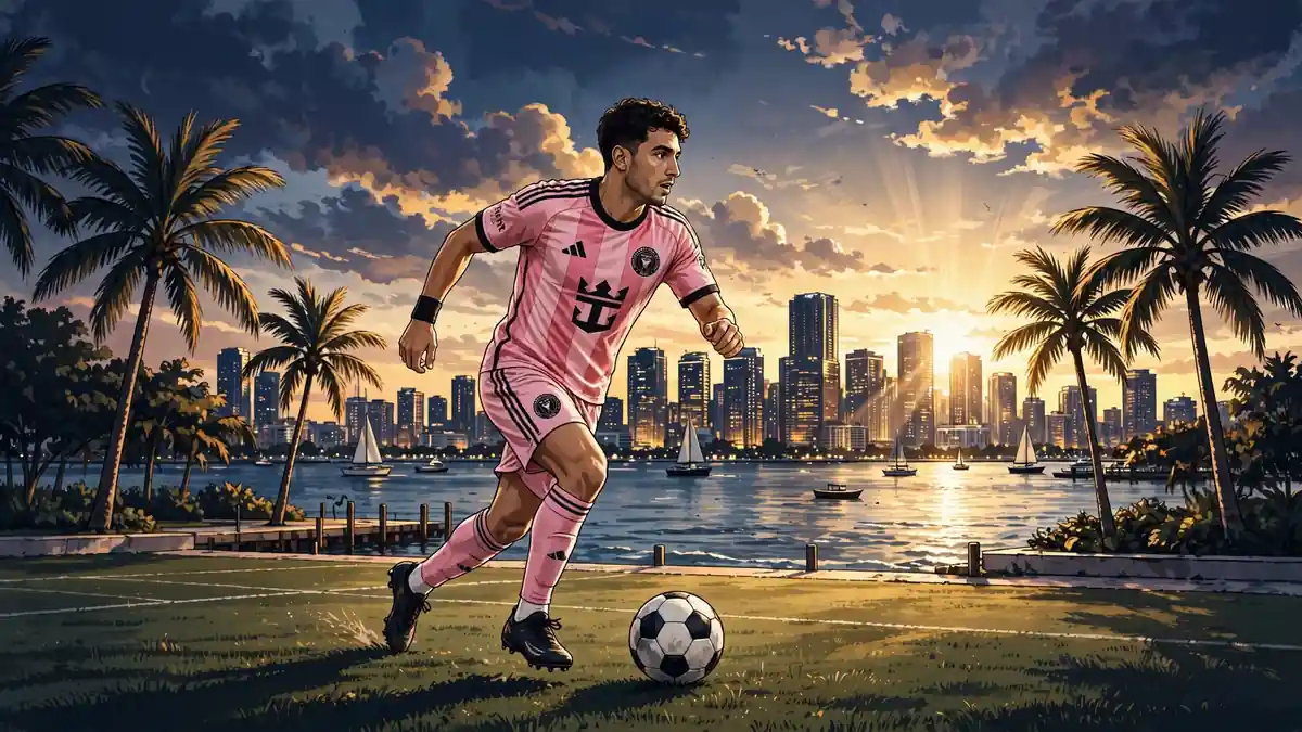 Illustrated footballer in a pink Inter Miami jersey dribbling a ball on a Miami waterfront pitch at sunset