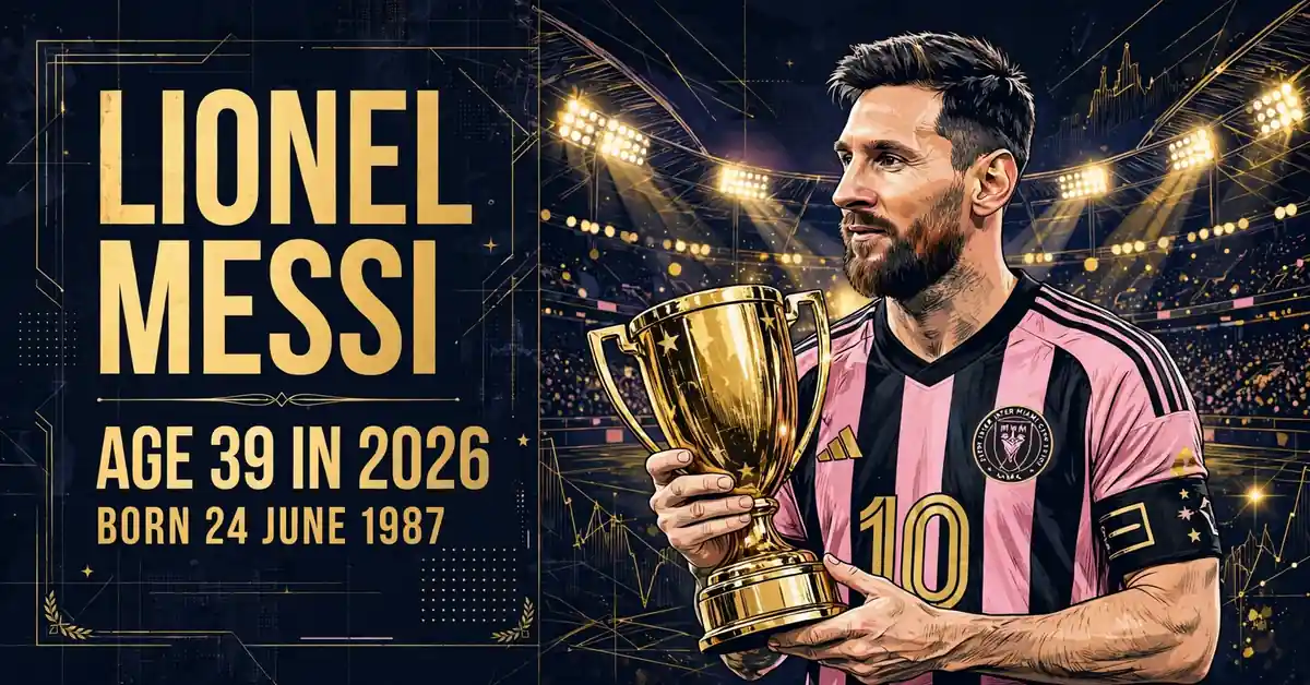 Lionel Messi age 2026 — stylized illustrated portrait of the footballer in an Inter Miami jersey holding a golden trophy, LIONEL MESSI AGE 39 IN 2026 BORN 24 JUNE 1987 text