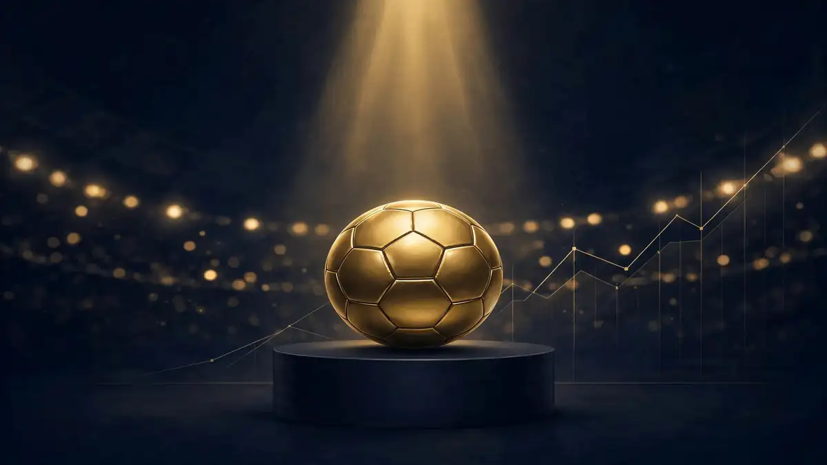 Golden football on a dark navy pedestal with glowing stadium lights — illustrating Messi's Inter Miami contract economics