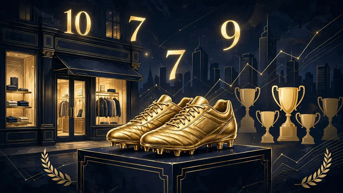 Golden football boots and trophies in a luxury navy and gold setting — illustrating Messi's Adidas partnership and endorsement empire