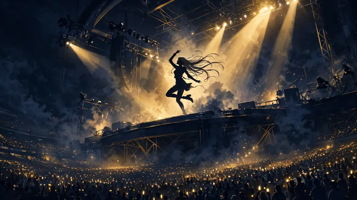 Lisa's solo era — an illustrated stadium performance under golden spotlights