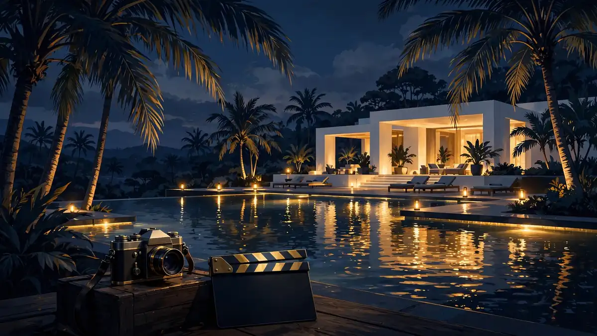 A prestige television setting — a tropical resort at dusk, evoking Lisa's White Lotus acting debut