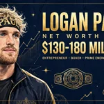 Logan Paul net worth 2026 — estimated $130 to $180 million fortune infographic