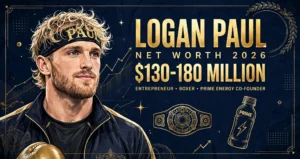 Logan Paul net worth 2026 — estimated $130 to $180 million fortune infographic