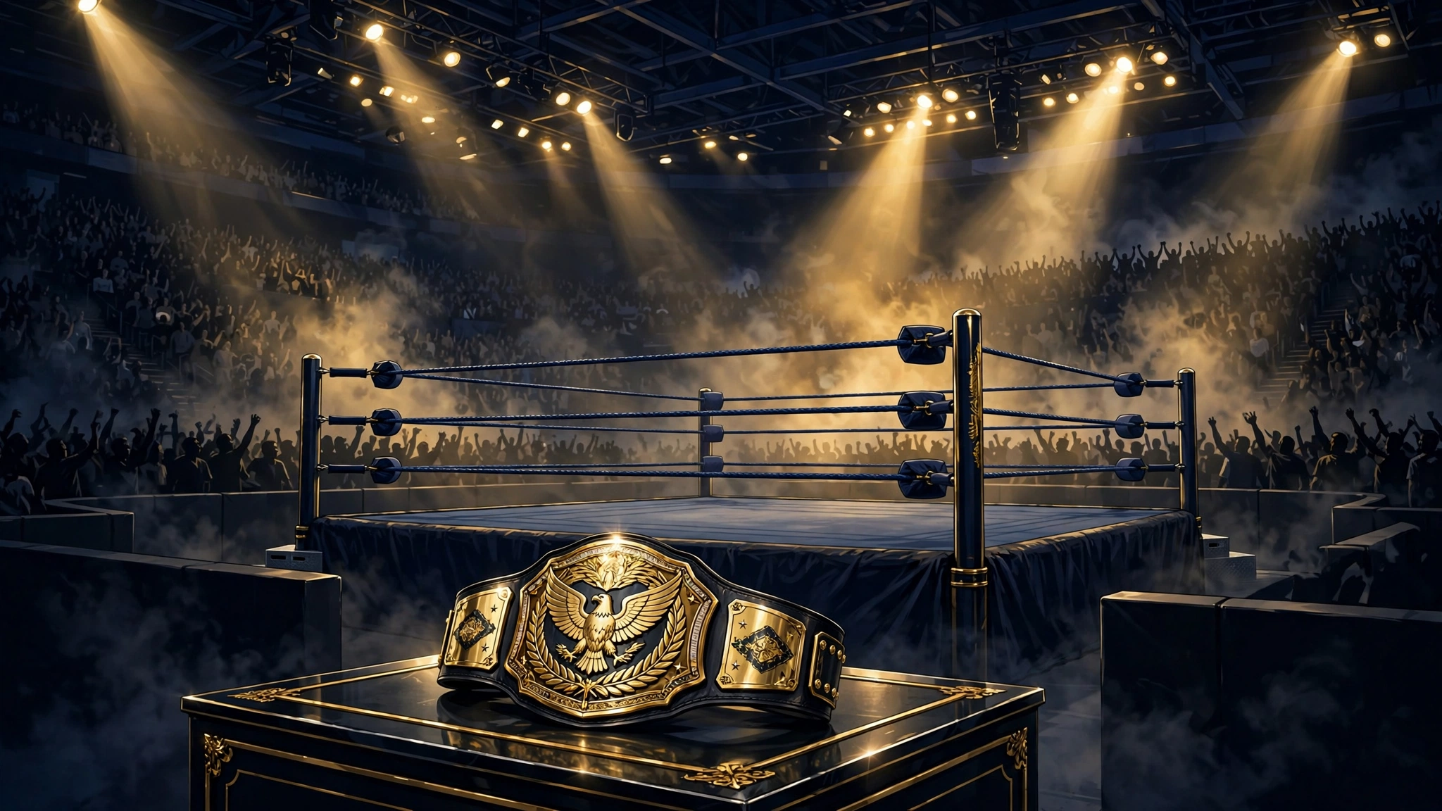 Illustrated WWE wrestling arena scene in navy and gold with dramatic lights and a championship belt, representing Logan Paul's professional wrestling career